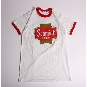 Vintage 80s Schmidt Beer Ringer T-Shirt Mens Large White Red Sneakers Made USA